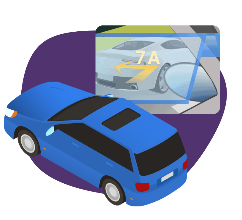Illustration of the 2035 blind-spot scenario: a car viewed from behind, with an inset showing the rear-view mirror's AR overlay highlighting an approaching vehicle in the blind spot.