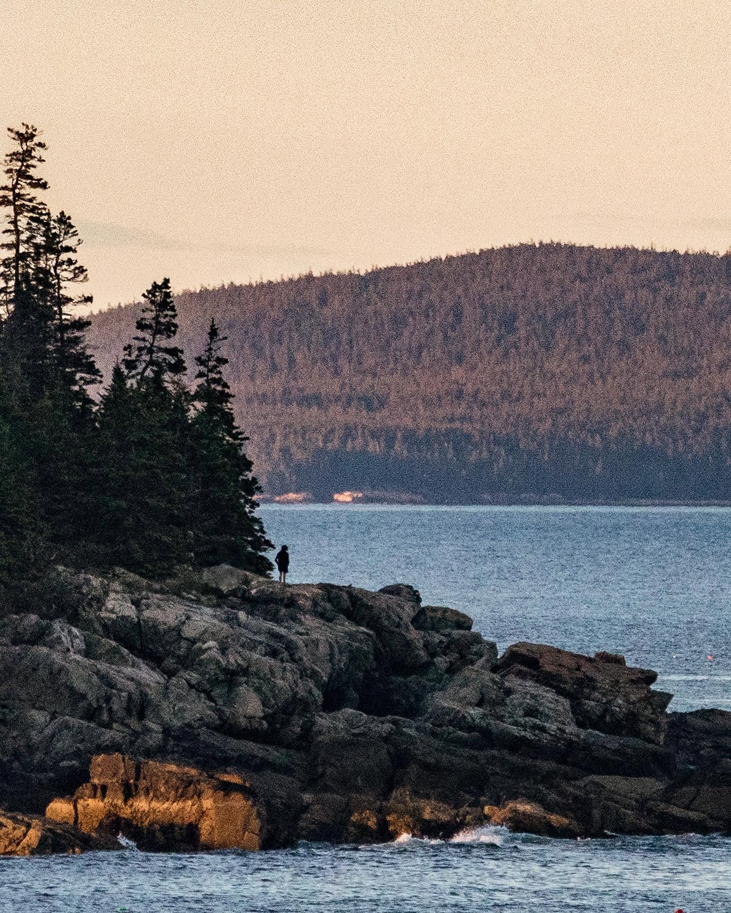 A single figure on the coastal rocks of Acadia National Park at dusk.