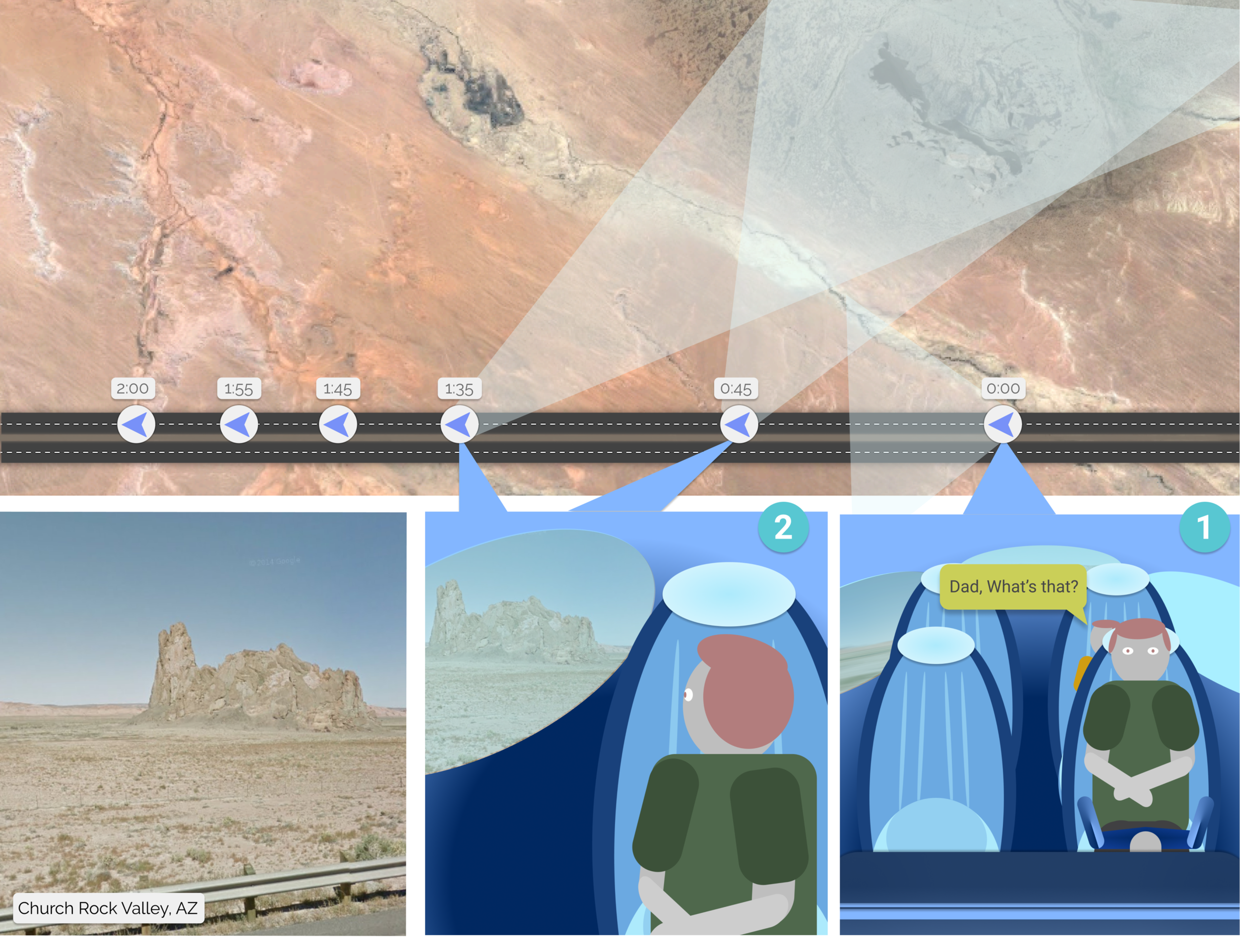 Filmstrip: the AR window speeding back up to real time as the passenger turns forward.