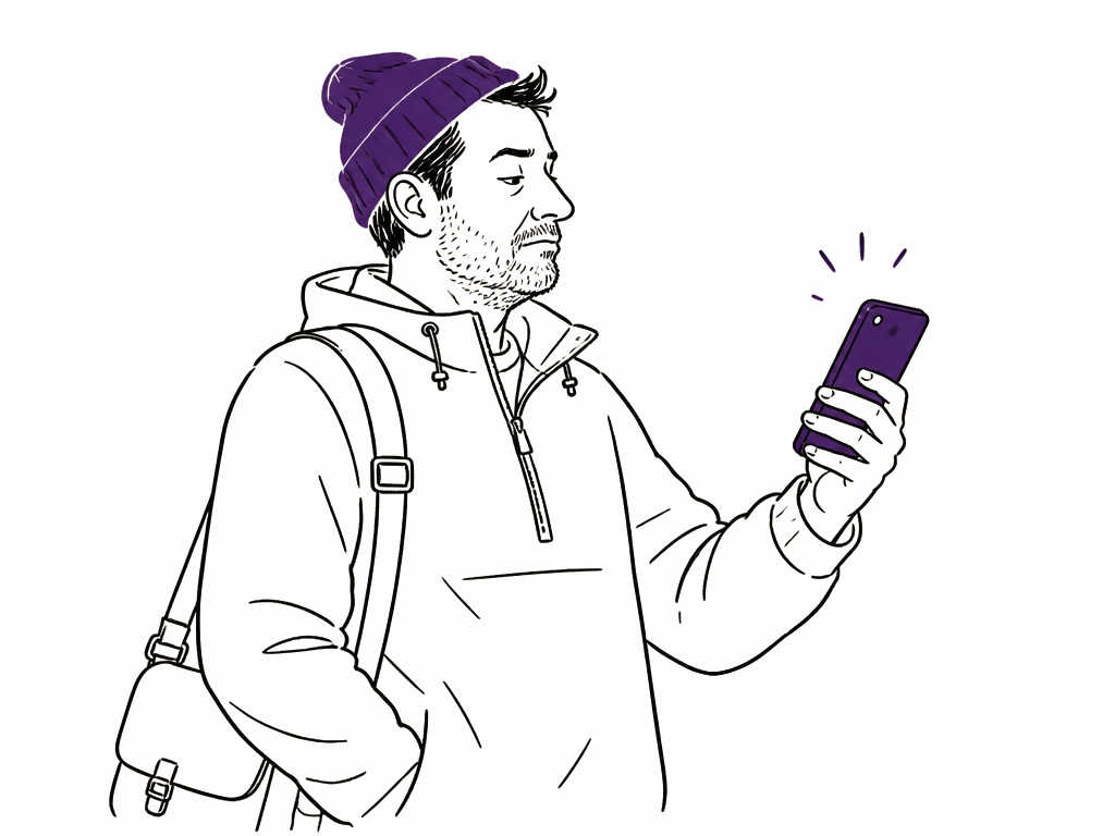 A commuter scrolling a phone and pulling a faintly unimpressed face at what he sees.