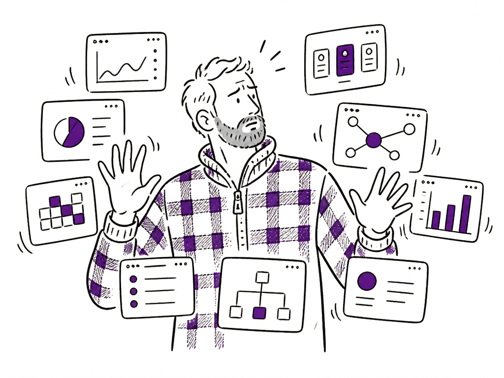 A first-time user surrounded by many small unfamiliar screens, meeting all of them at once.