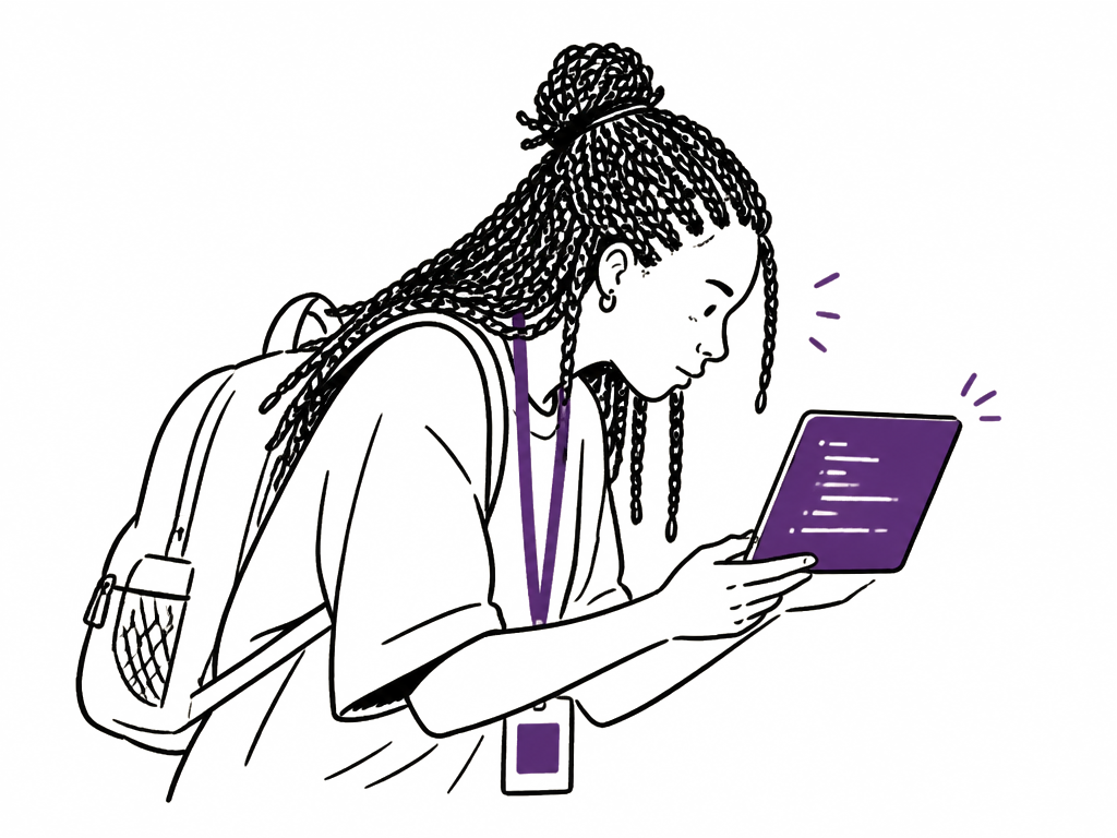 A student developer leaning in with curiosity at a screen she is holding at a hackathon.