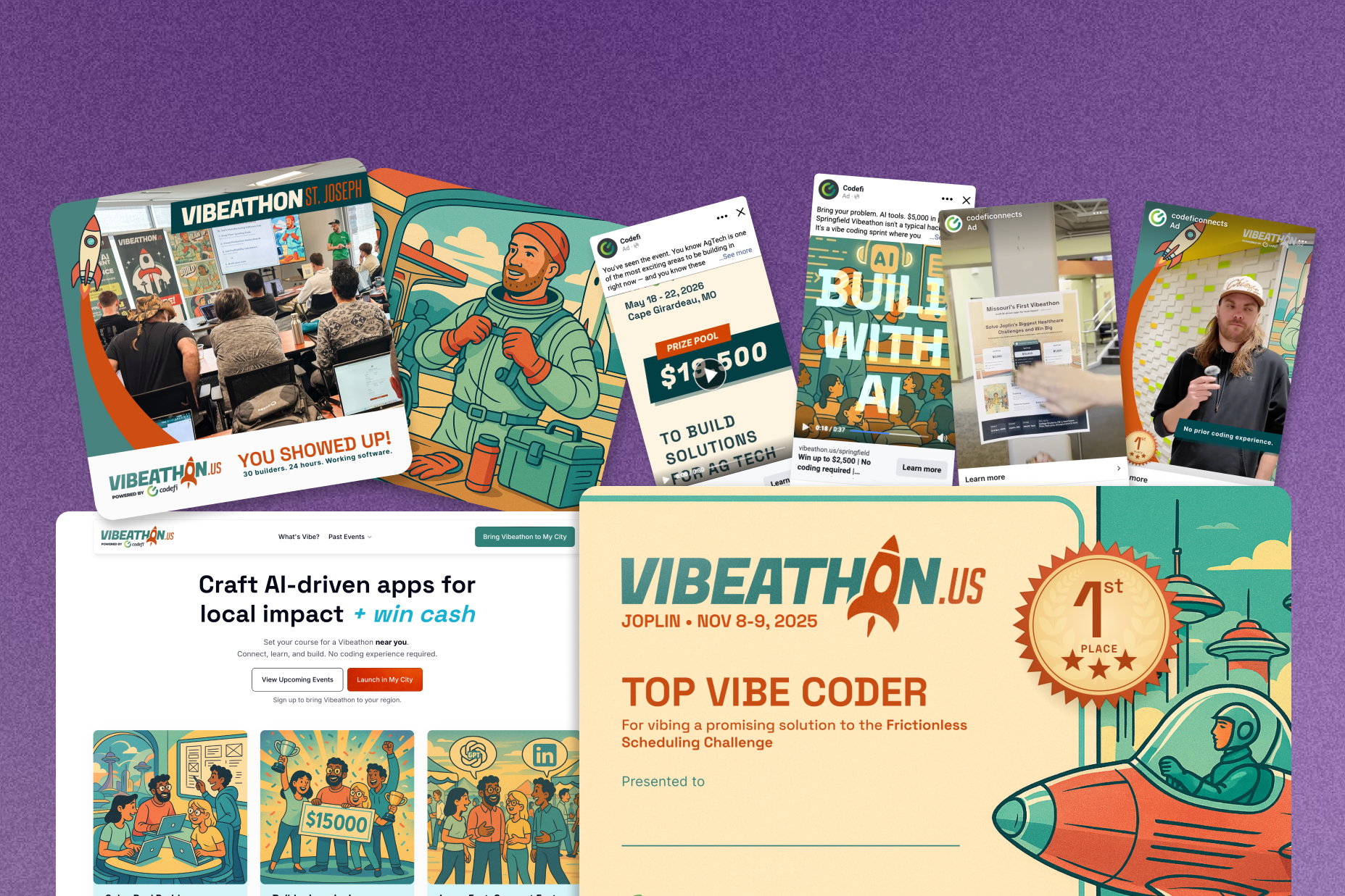 The vibeathon.us brand and visual system, and one of the ad creatives behind the 60%+ attribution number.