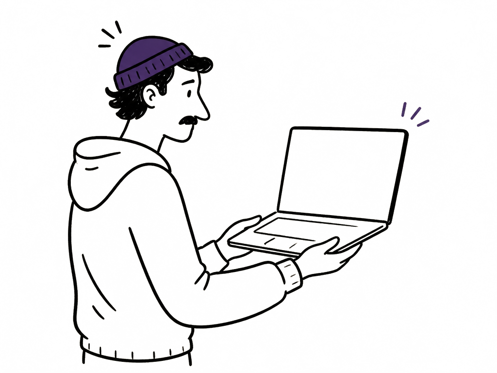 A founder holding an open laptop, staring at a blank screen with no sign anything is happening.