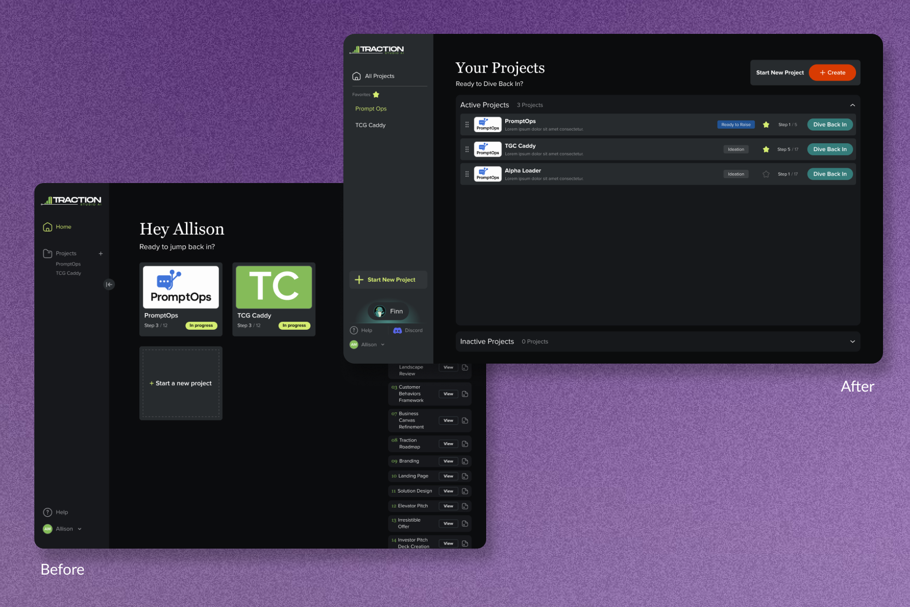 Prototype-stage screens next to their shipped versions, across navigation and core layouts.