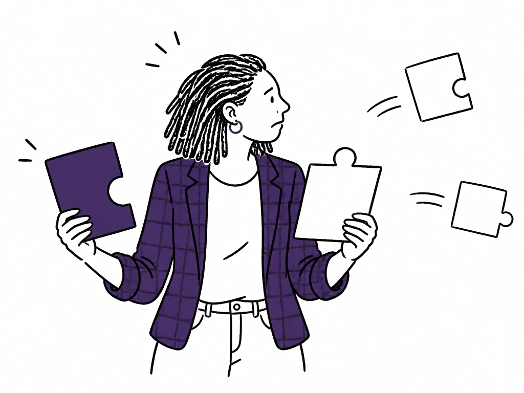 A founder trying to hold four separate mismatched panels at once as they slip out of her arms.