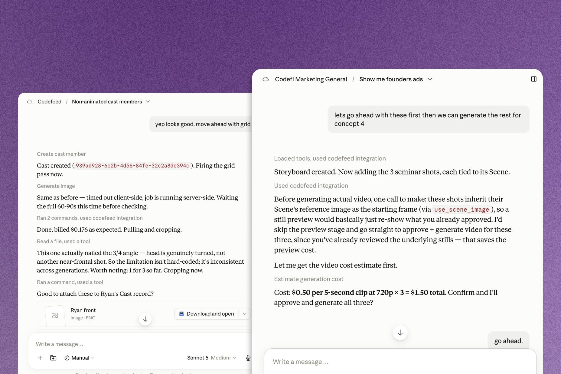 Codefeed's conversation flow: chat request, prompt assembly, cost confirmation, generation.