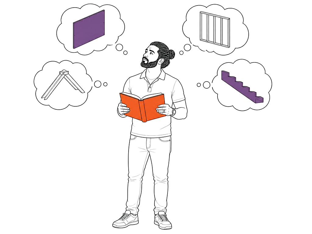 A designer holding an open book, looking up at four small thought bubbles containing a drywall panel, a row of wall studs, a pair of roof rafters and a notched stair stringer.