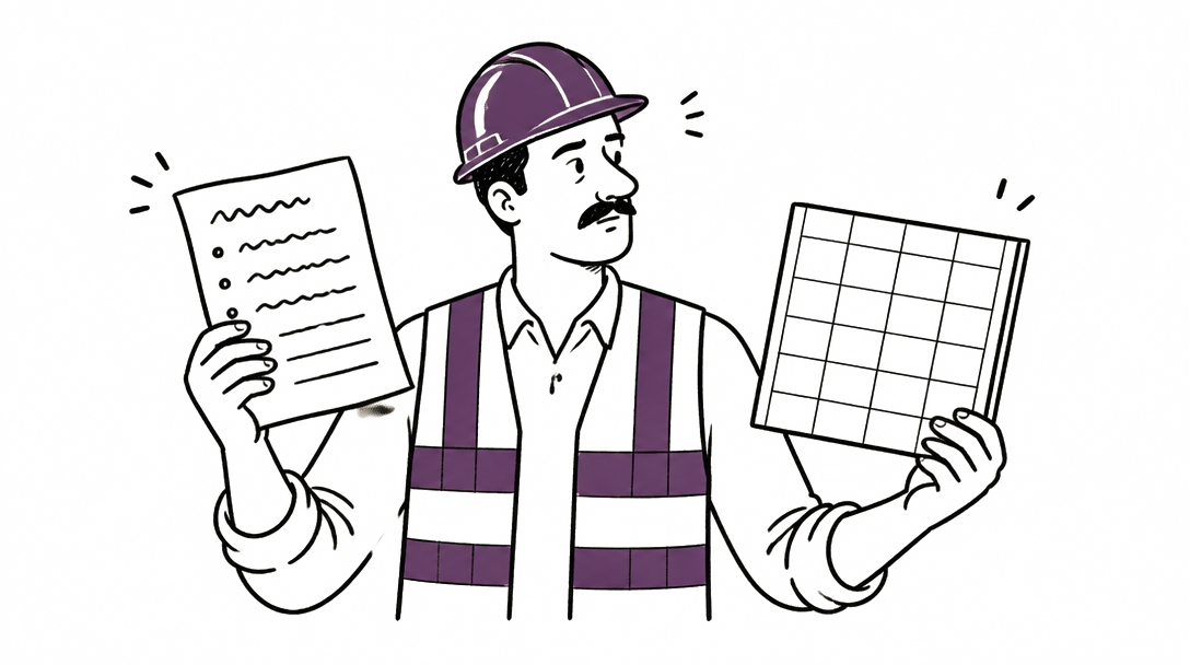 An estimator in a hard hat and safety vest holds a handwritten scope of work in one hand and a rigid empty grid in the other, looking between the two.
