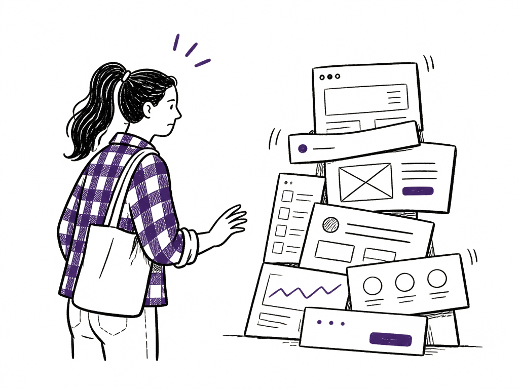 An incoming designer facing a leaning pile of mismatched interface components she has just inherited.