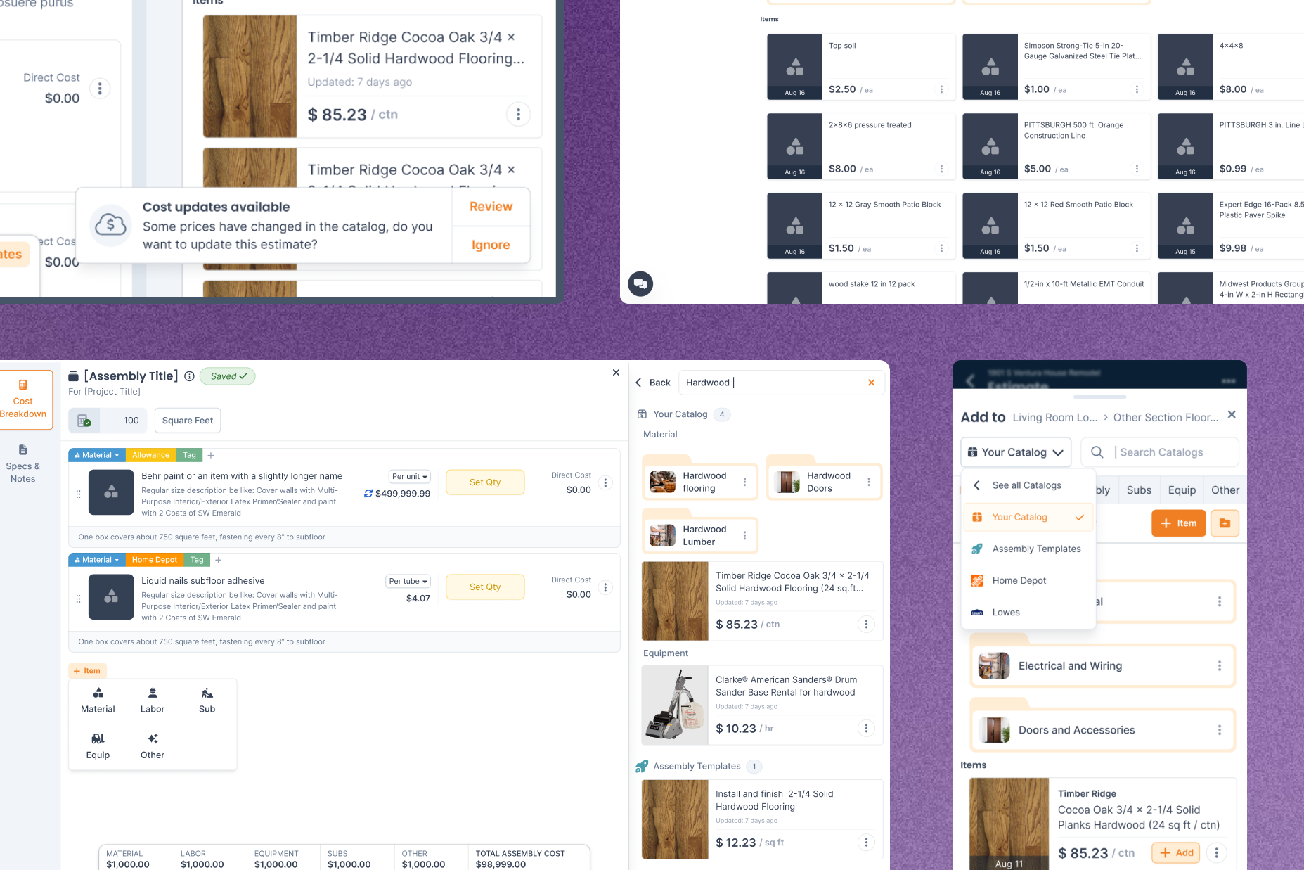 The catalog and assemblies, and the mobile estimating views built for job-site use.