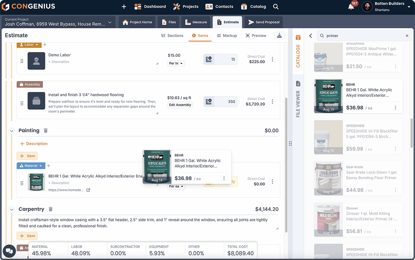Freeform estimate entry in the shipped product.
