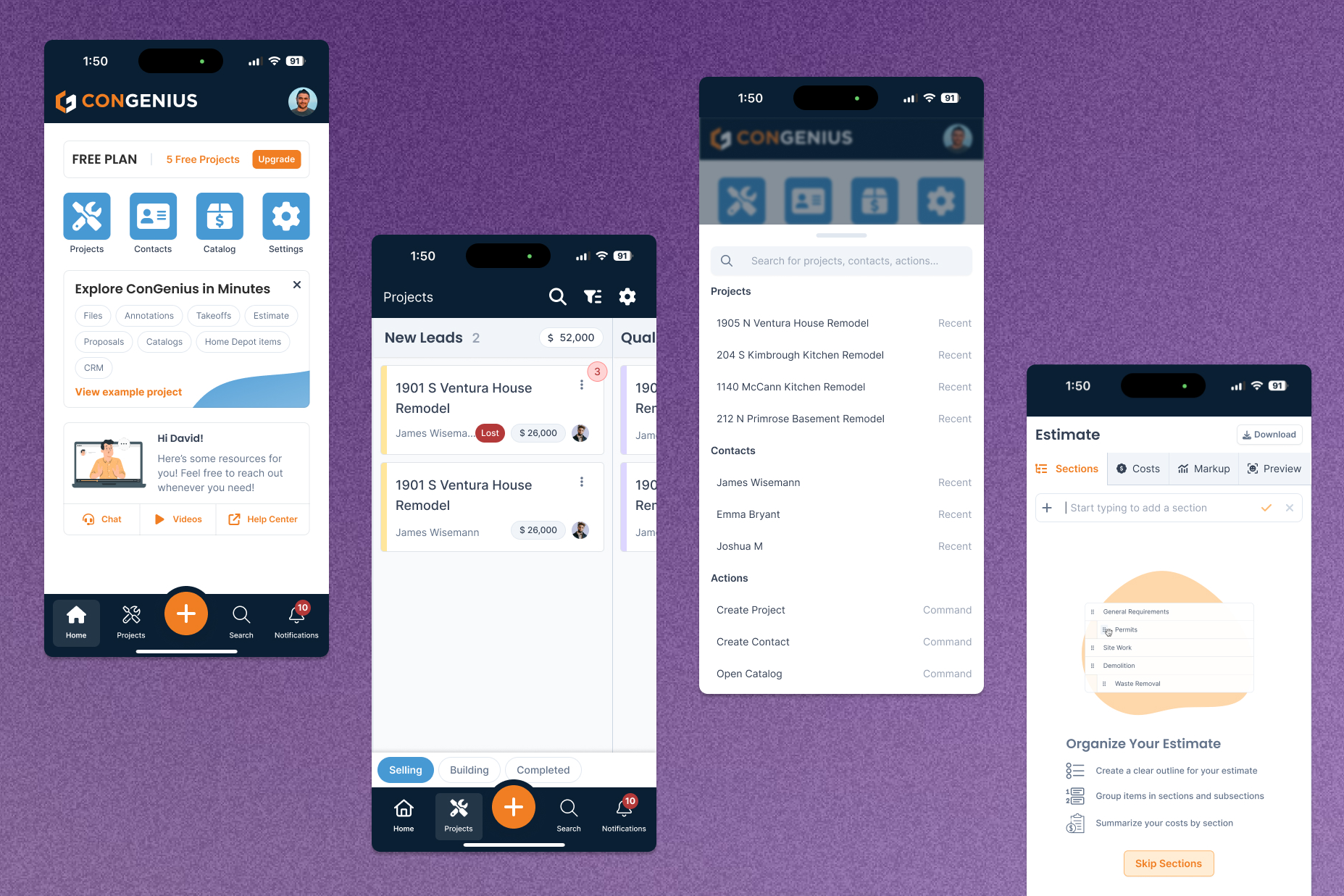 ConGenius mobile app screens: home dashboard, projects list, global search and quick actions, and estimate builder, all sharing one navigation and visual system.