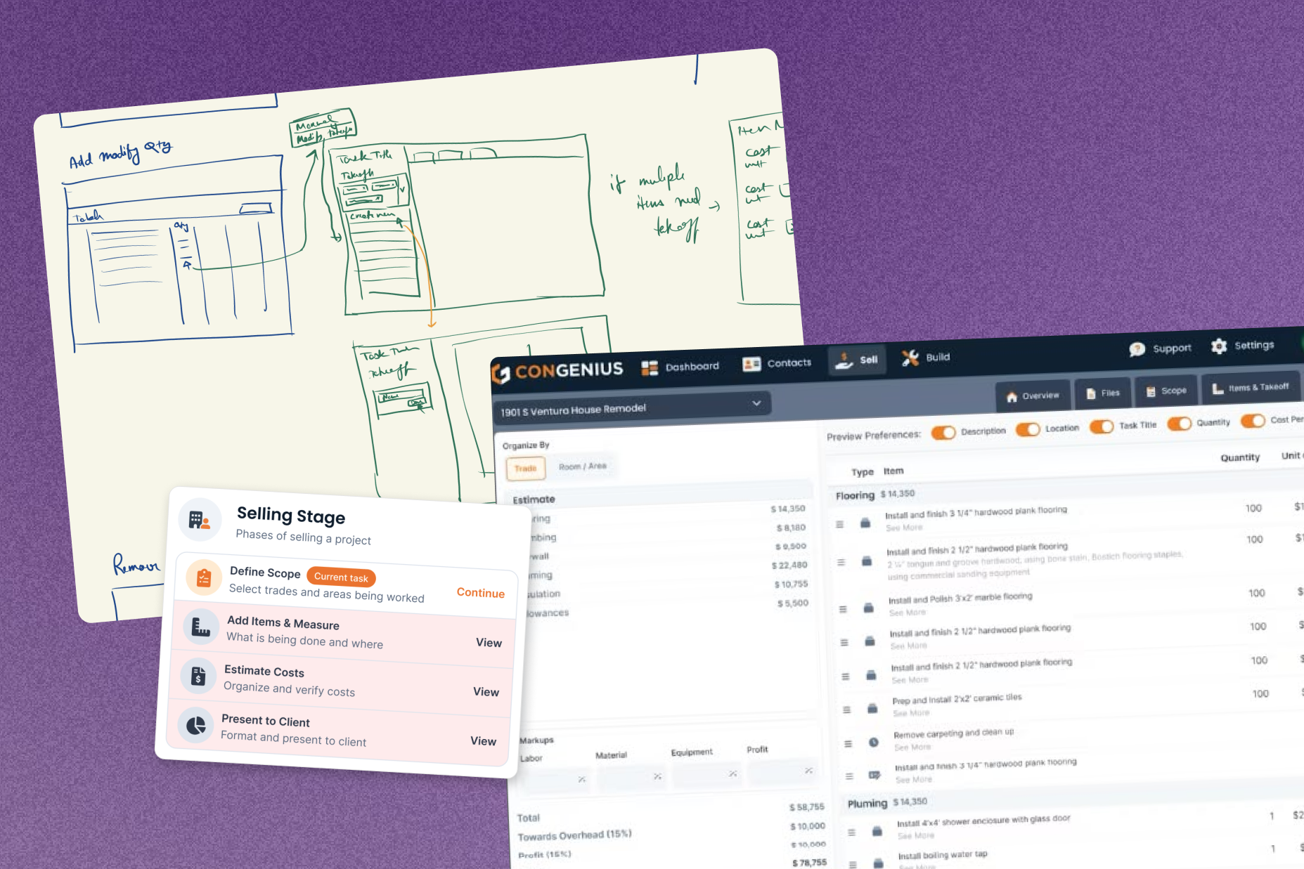 An early whiteboard flow for the estimator alongside the shipped MVP: a rigid table interface with a fixed set of sequential steps (Define Scope, Add Items & Measure, Estimate Costs, Present to Client), the modules gated in order.