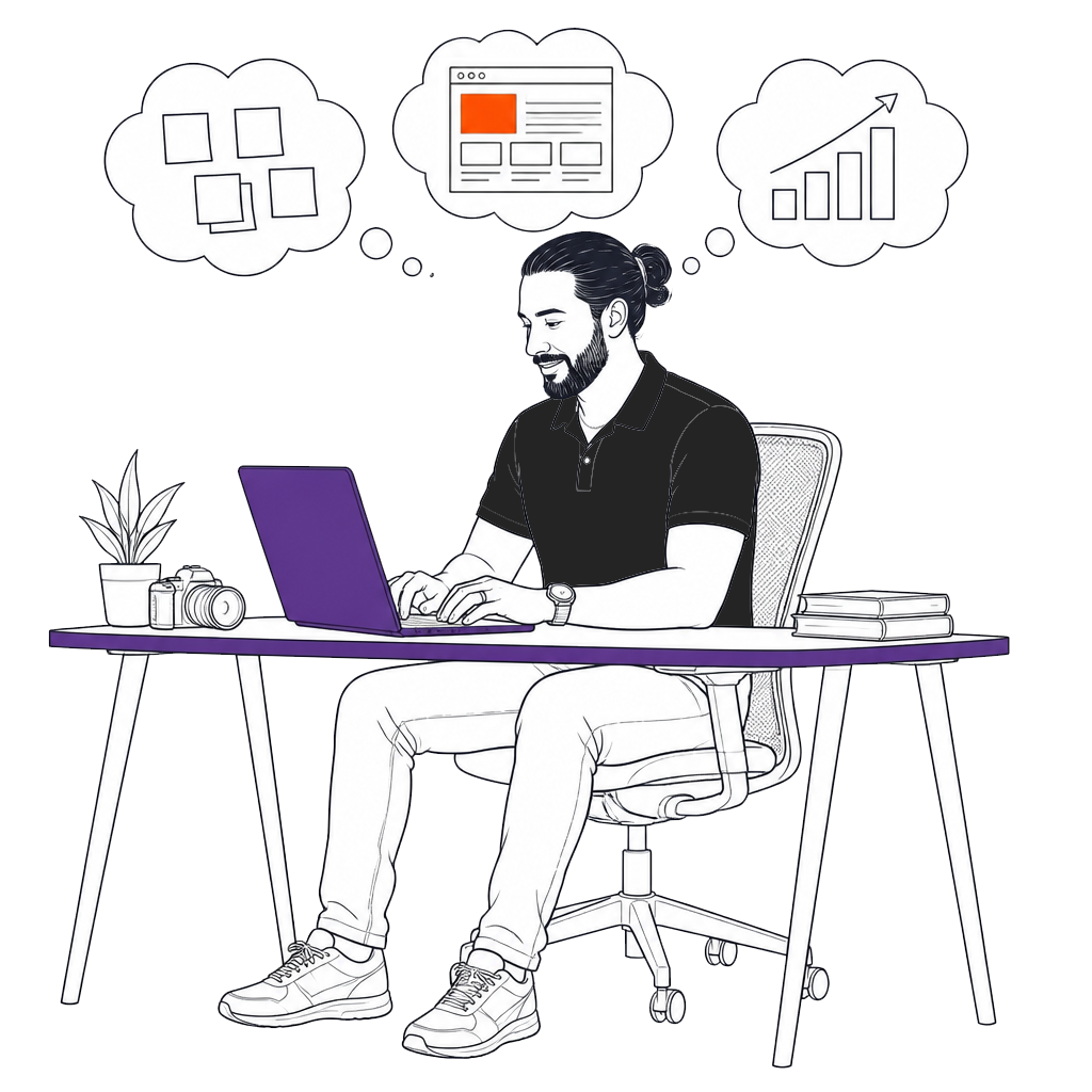 Illustration of Shantanu at his laptop, with three thought bubbles above him showing an affinity map of sticky notes, a product interface mockup, and a rising growth chart, representing strategy, craft, and growth.
