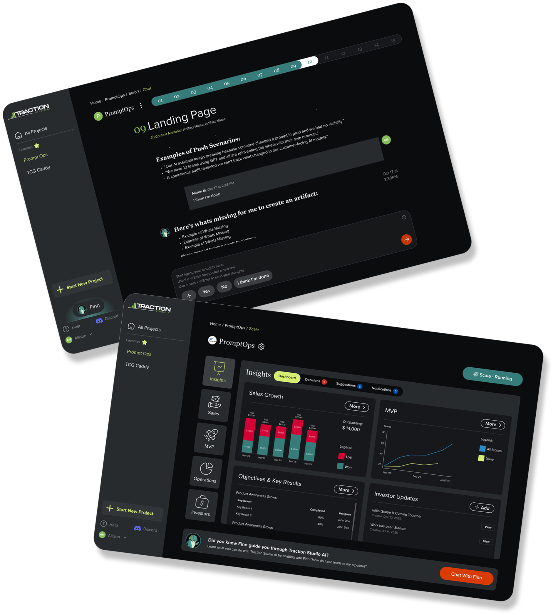 Three small chat cards feed a single larger structured panel, a simplified poster version of the chat-to-SaaS handoff.